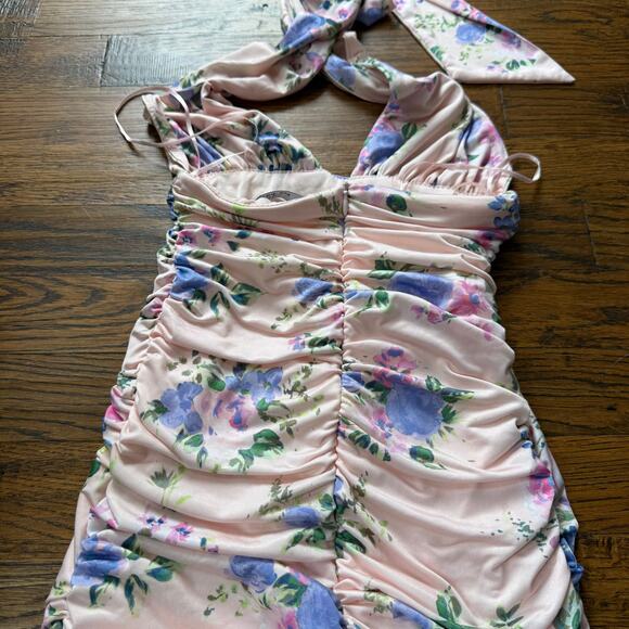 Zara Pink Floral Halter Dress XS Ruched Backless Corset Plunge Summer Party - Picture 5 of 5